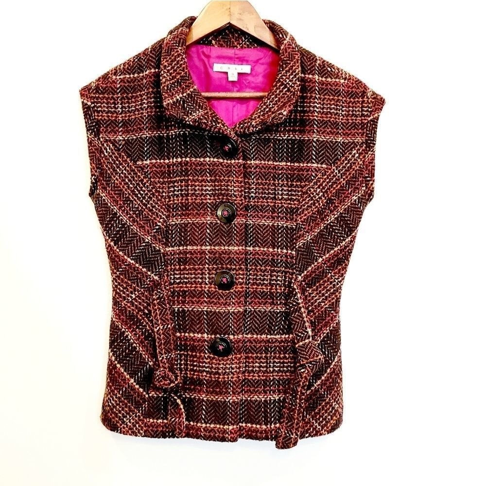 CAbi Plaid Wool Button Down Sleeveless Vest Cinch It Up Size Small